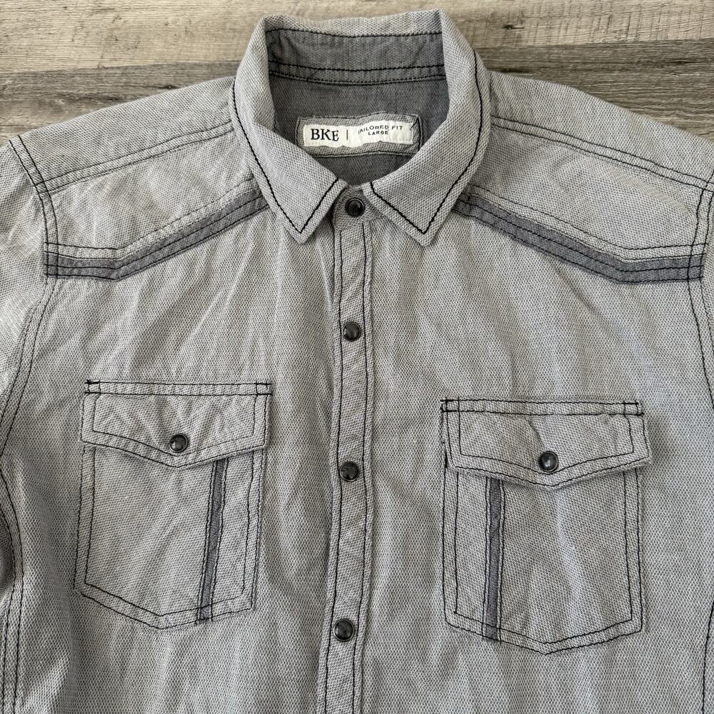 BKE Pearl Snap Shirt Mens Large Gray Mesh Knit Tailored Fit Cotton